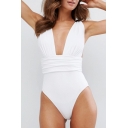 Womens Vintage Sexy Plunged Neck High Leg Solid Color One Piece Swimsuit Swimwear