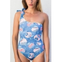 New Trendy Fashion Allover Fish Printed Knotted Strap One Shoulder Blue One Piece Swimsuit Swimwear