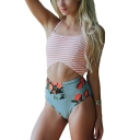 New Stylish Stripe Orange Fruit Printed Cutout Front Knotted Back One Piece Swimsuit Swimwear for Women