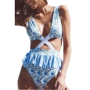 New Trendy Blue Foral Printed Cutout Ruffled Hem Open Back Women's One Piece Swimsuit