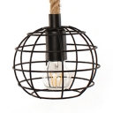 Single Light Globe Cage Hanging Lamp Vintage Style Metal and Rope Pendant Light in Black for Kitchen