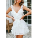 Womens Summer New Fashion Solid Color Ruffled V-Neck Tied Waist Mini A-Line Tulle Dress