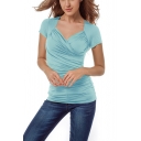Women's New Stylish Solid Color Short Sleeve V-Neck Slim Fit Pleated T-Shirt