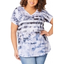 Women's Plus Size V-Neck Short Sleeve Striped Flag Printed Light Blue T-Shirt