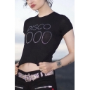 Cool Unique Hot Drill Beading Letter DISCO Streetwear Short Sleeve Black Cropped Tee for Girls