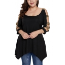 Women's Loose Scoop Neck Hollow Out Sleeve Sequin-Embellished Plus Size Black Plain Asymmetrical T-Shirt