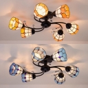 Mediterranean Style Conical Ceiling Light Stained Glass 6 Lights Blue/Yellow Semi Flush Light for Hotel