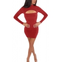Hot Style Sexy Collared Long Sleeve Plain Print Cut Out Mini Bodycon Dress