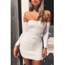 Women's Sexy Plain Printed Off The Shoulder Long Sleeve Pleated Detail Mini Bandeau Dress