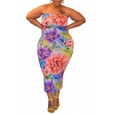 Women's Multicolor Floral Print Off the Shoulder Sleeveless Oversized Maxi Bodycon Dress