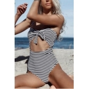 Women's New Popular Striped Printed Knotted Front Cutout One Piece Swimsuit Swimwear