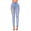 Womens Cool Stylish Eyelet Lace-Up Cutout Light Blue Skinny Fit Jeans