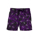 Purple Fashion Creative Bottle Printed Drawstring Waist Beach Swim Shorts with Pocket