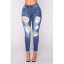 Womens Stylish High Rise Fashion Destroyed Ripped Blue Slim Fit Jeans