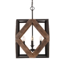 4 Lights Square Shade Chandelier Antique Style Metal and Wood Pendant Light in Black for Hallway Stair