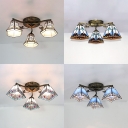 Stained Glass Tapered Semi Flush Mount Light 3 Lights Tiffany Style Ceiling Light for Restaurant