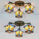 House Shape Restaurant Semi Flush Ceiling Light Stained Glass 3 Lights Tiffany Style Light Fixture
