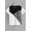 New Trendy Leopard Printed Color Block Short Sleeve Round Neck White breathable T-Shirt For Women