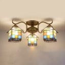 Stained Glass House Ceiling Fixture 3 Lights Tiffany Style Semi Flush Mount Light for Bedroom