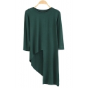 Womens New Chic Solid Color Round Neck Long Sleeve Slant Cut Asymmetrical Longline T-Shirt