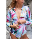 Fashion Crayon Printed Zip Front Stand Collar Long Sleeve Rash Guard One Piece Swimsuit Swimwear in Blue