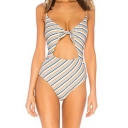 New Stylish Striped Printed Knotted V-Neck Cut Out Front One Piece Swimsuit