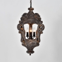 Antique Style Chandelier with Lantern Shape 3 Lights Metal and Wood Pendant Lighting for Foyer