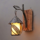 1 Light Lantern Sconce Light with Fabric Shade/Glass Shade Rustic Wall Lamp in Aged Brass