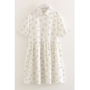 Summer Cute Cartoon Bear Printed Short Sleeve Linen White A-Line Shirt Dress