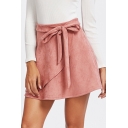 Women's Popular Pink Solid Color Bow-Tied Waist Mini A-Line Skirt