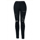 High Waist Solid Color Distressed Ripped Black Stretch Fit Jeans for Women