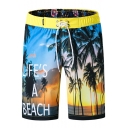 Summer Tropical Yellow Coconut Palm Letter LIFE'S A BEACH Surfing Shorts Swim Trunks