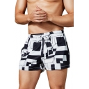 Simple Black and White Colorblock Drawstring Waist Mens Quick Dry Summer Board Shorts