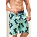 Trendy Mens Swim Trunks Green Pattern Quick Dry With Drawstring