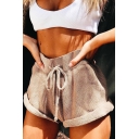 Womens Hot Fashion Simple Plain Drawstring Waist Rolled Cuff Casual Loose Coffee Shorts