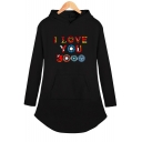 Colorful Letter I Love You 3000 Long Sleeve Shift Hooded Dress for Women