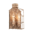 Vintage Style Caged Sconce Light Metal 2 Lights Weathered Iron Light Fixture for Kitchen Hallway