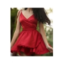 Womens Basic Solid Color Tied Straps V-Neck Surplice V-Neck Mini A-Line Cami Dress