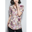 Womens Summer New Chic Floral Printed Button V-Neck Short Sleeve Relaxed Linen Blouse Top