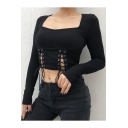 Womens Vintage Square Neck Long Sleeve Eyelet Lace-Up Side Black Cropped Slim Tee