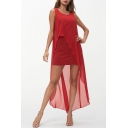 Women's New Trendy Sleeveless Scoop Neck Plain Print Asymmetric Hem Maxi Tank Dress