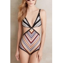 Womens Vintage Striped Printed Low Back Cutout Side One Piece Bikini Swimsuit Swimwear