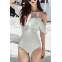 Women's Solid Color Chic Ruffled Hem Cold Shoulder Ruched White One Piece Swimsuit