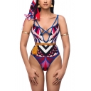 Summer Ethnic Style Totem Printed Blue Cutout Women's One Piece Swimsuit Swimwear