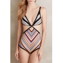 New Fashion Vintage Striped Print Sexy Plunged Neck Hollow Design One Piece Swimsuit