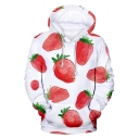 Fashion Red Allover Strawberry Printed Long Sleeve Casual Loose Hoodie