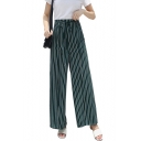 Summer Green Vertical Stripe Printed Tied Front Womens Casual Culotte Pants Wide Leg Pants