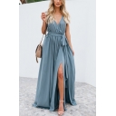 Summer Holiday Simple Solid Color V-Neck Bow-Tied Waist Split Front Maxi Beach Dress