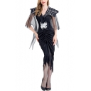 Halloween Spider Queen Cosplay Costume Black Ruched Midi Party Dress