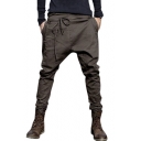 Mens Unique Tied Front Solid Color Baggy Low Crotch Harem Pants